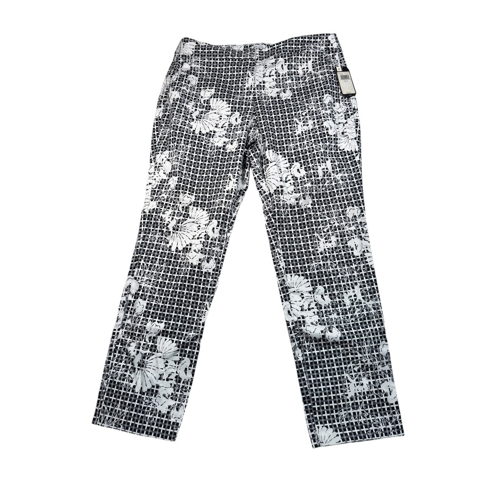 IZOD Women's‎ Stretch Pants Black White Grid Floral Print Size 14 Golf NWT